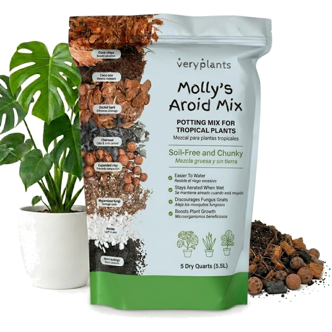 A tropical houseplant potted in Molly's Aroid Mix