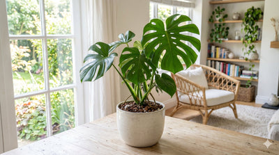 Healthy Monstera Deliciosa houseplant with glossy split leaves in a ceramic pot, growing in a bark-and-perlite aroid mix on a bright living-room shelf