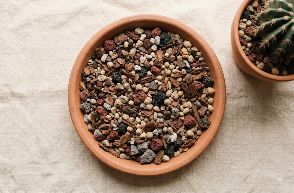 Coarse gritty cactus soil mix of pumice, lava rock and bark in a terracotta dish beside a small barrel cactus