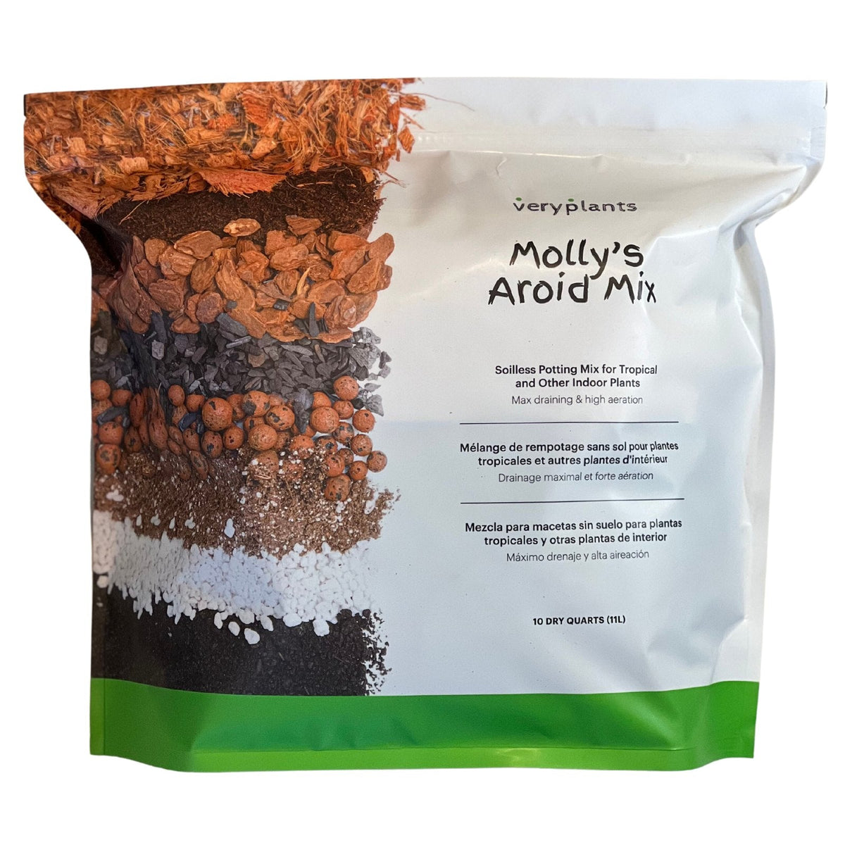 Molly's Aroid Mix 11 L bag, the Canadian edition, labelled in English, French and Spanish as a soilless potting mix for tropical and other indoor plants.