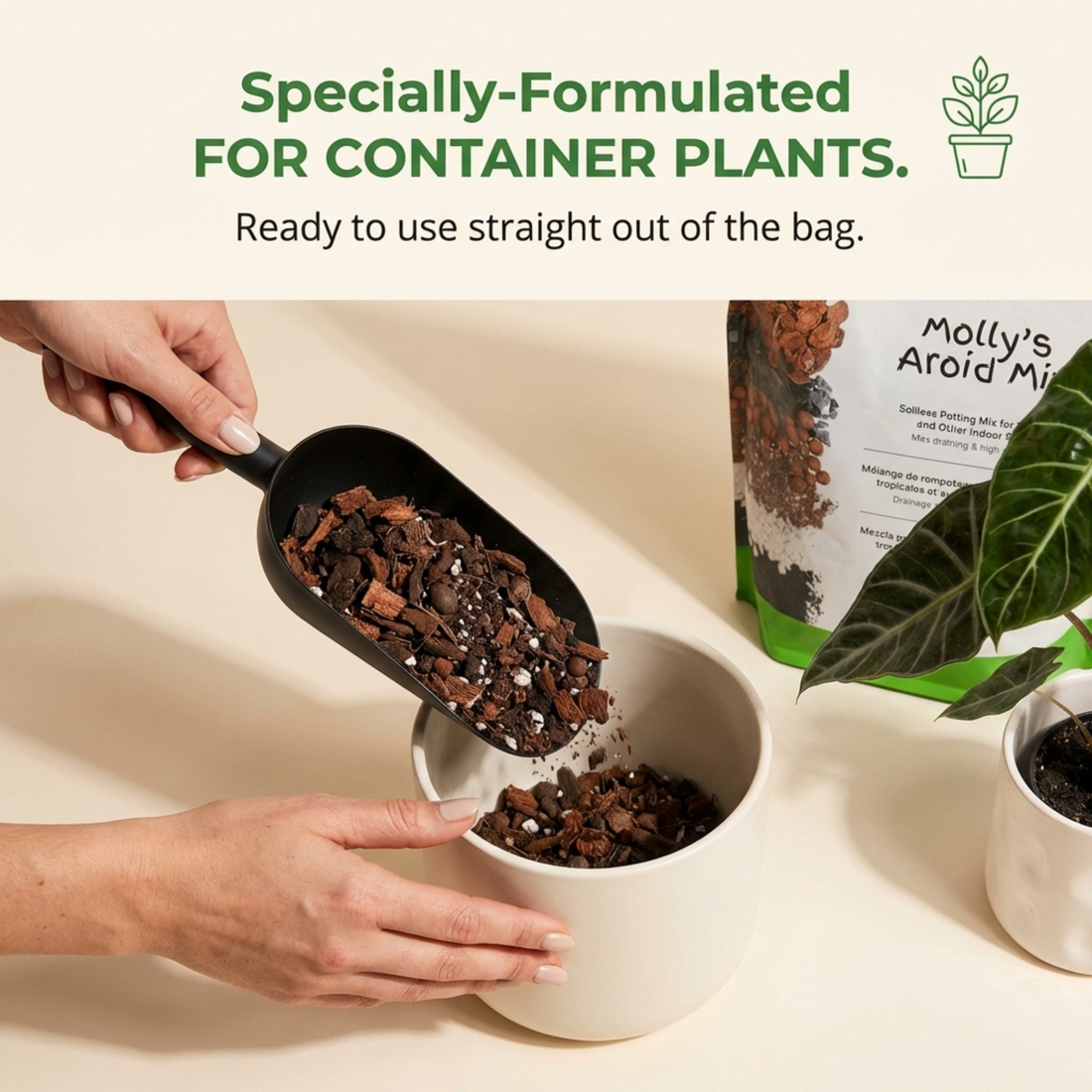 Scooping a chunky, moisture-buffered mix into a ceramic pot