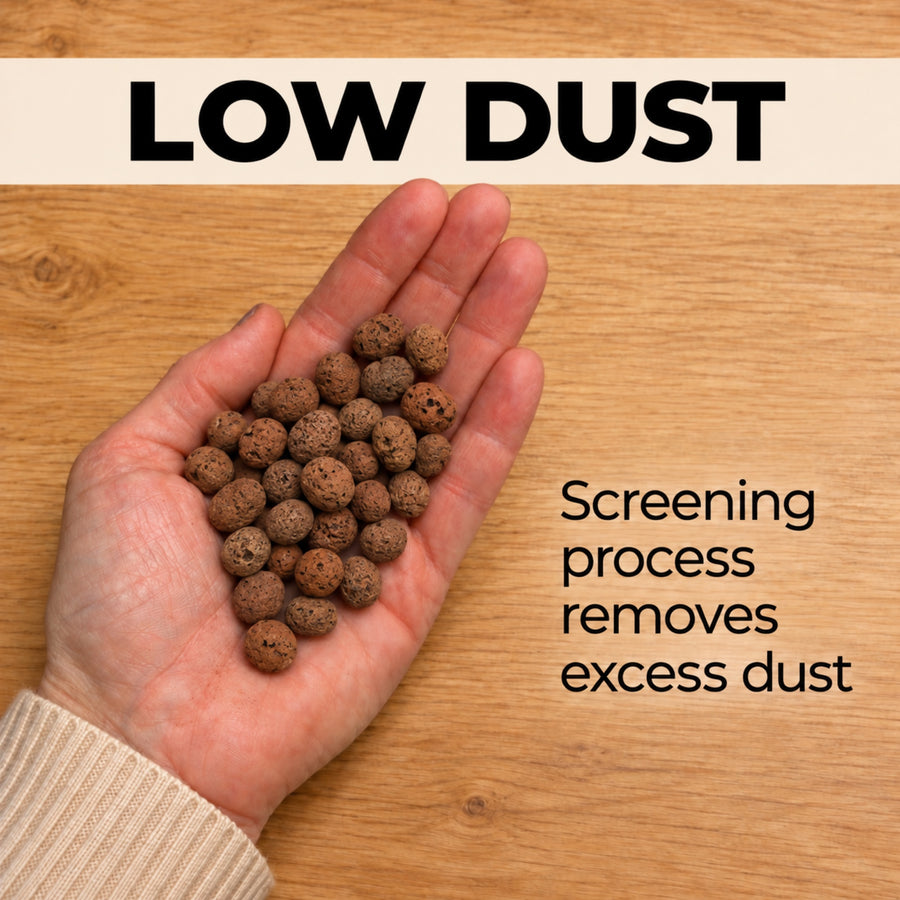 A handful of screened, low-dust clay pebbles