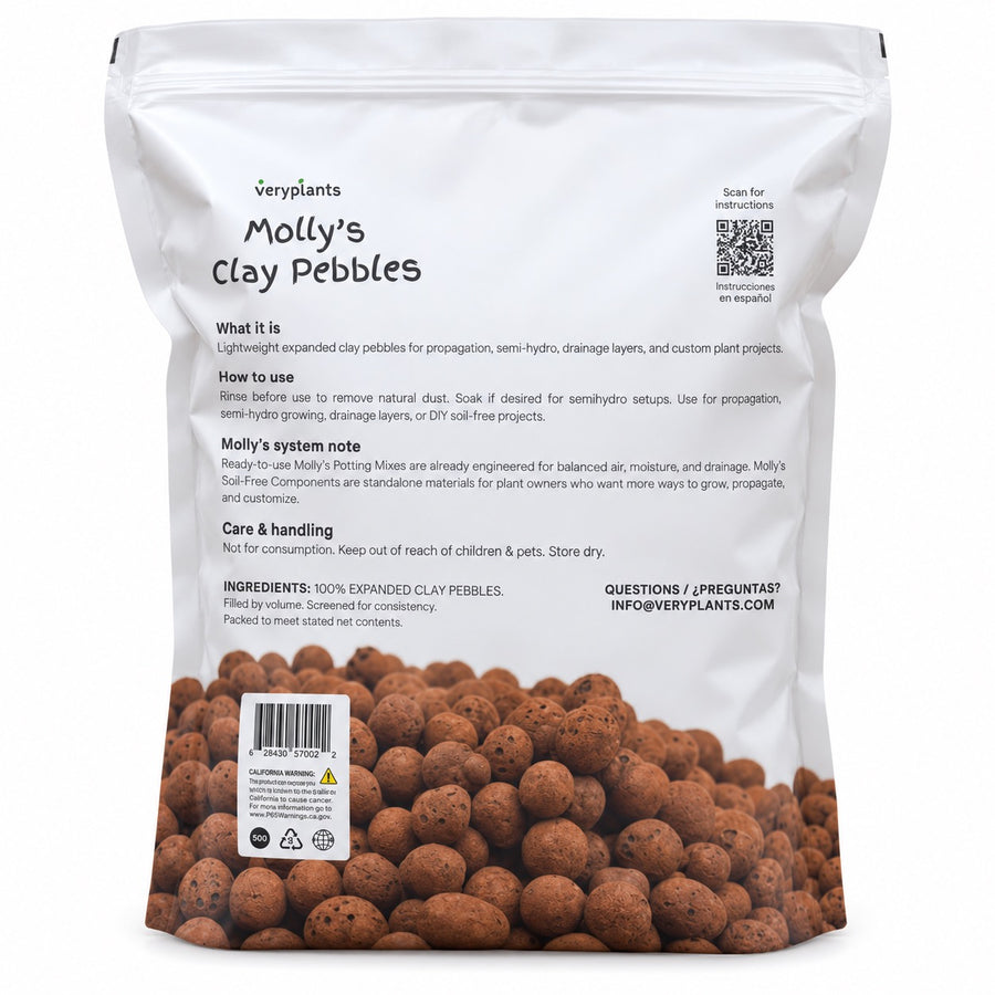 Back of the Molly's Clay Pebbles bag with directions and ingredients