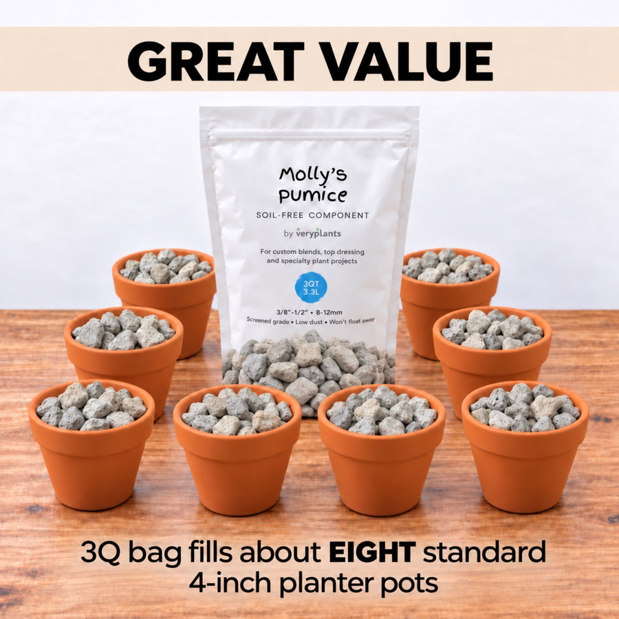A 3 quart bag of Molly's Pumice fills about eight 4-inch pots