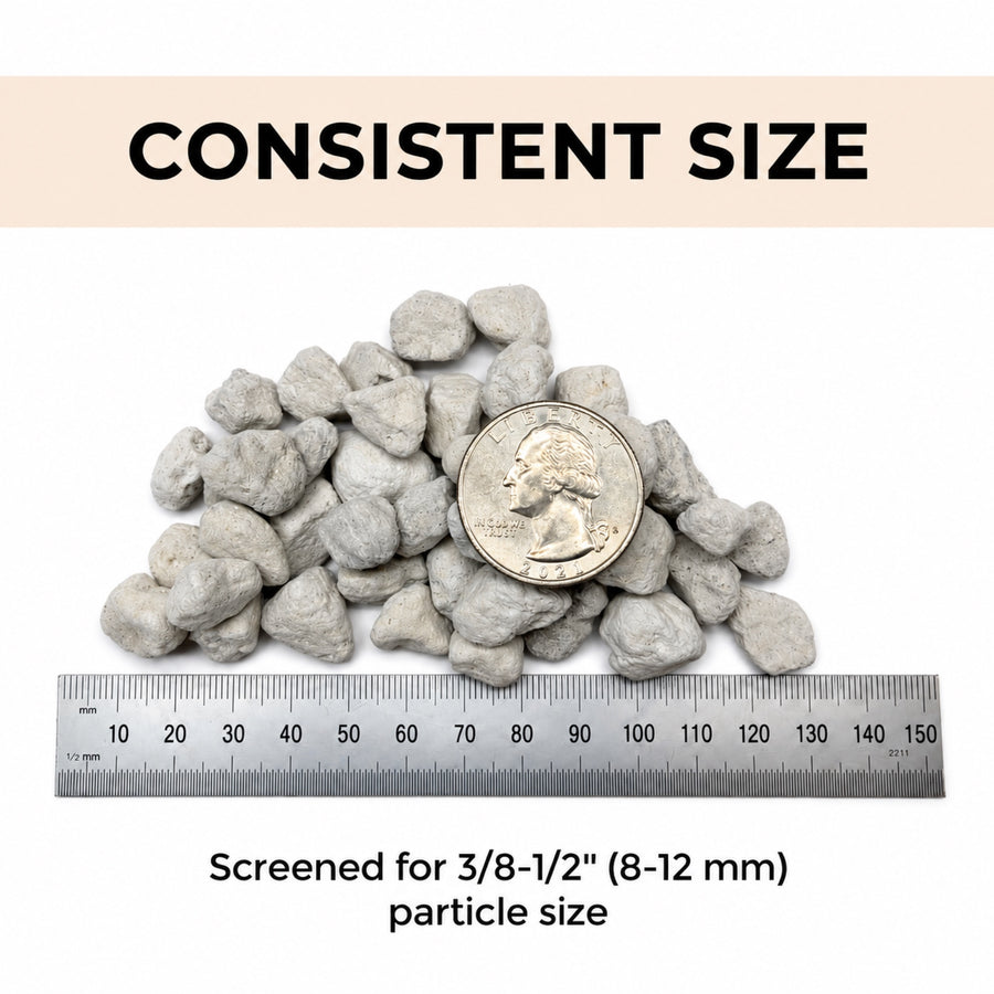 Pumice beside a ruler and a quarter, screened to 8 to 12 mm