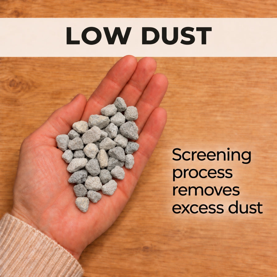 A handful of screened, low-dust pumice