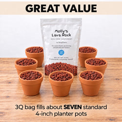 A 3 quart bag of Molly's Red Lava Rock fills about seven 4-inch pots
