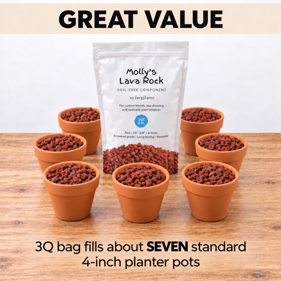A 3 quart bag of Molly's Red Lava Rock fills about seven 4-inch pots